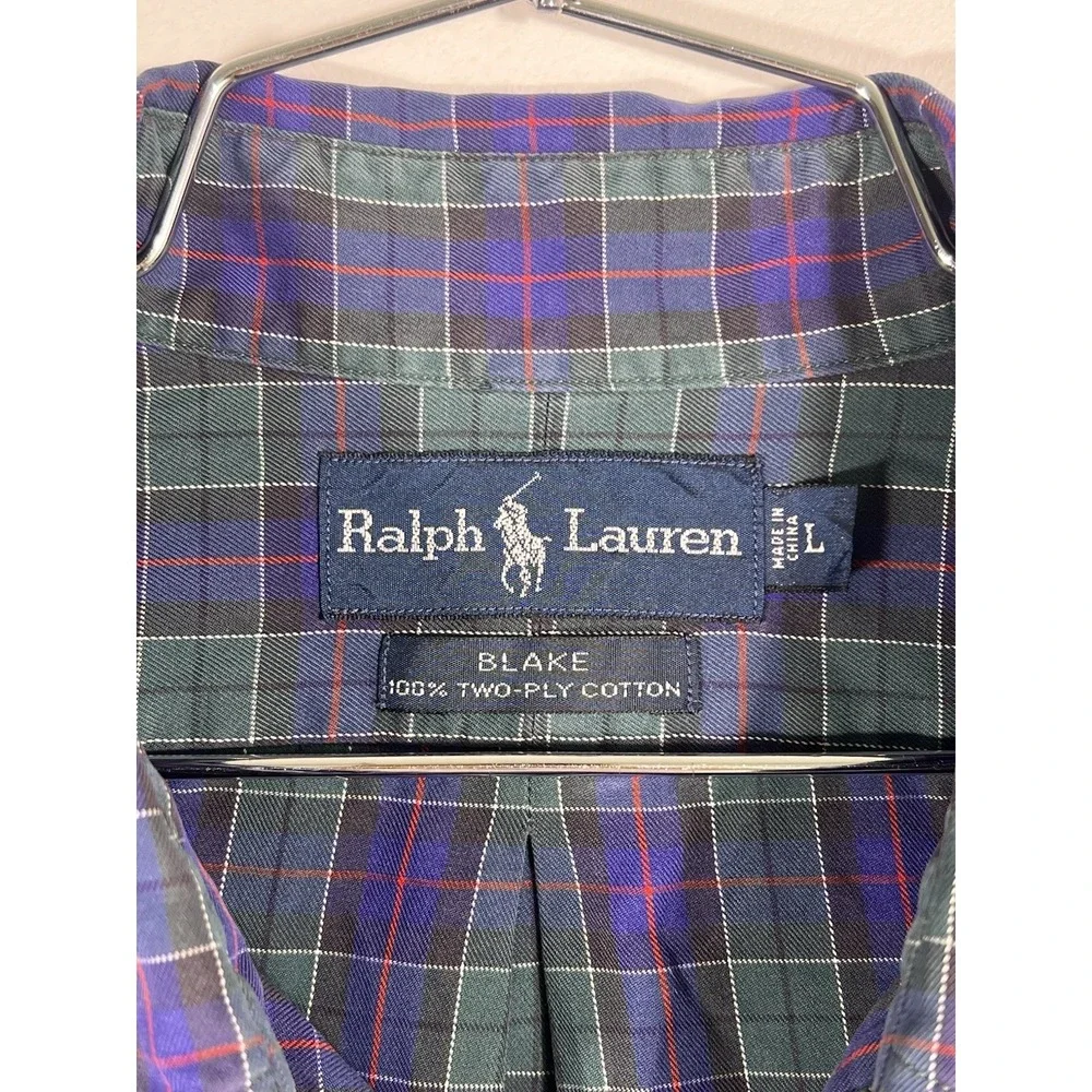 Vintage 90s Ralph Lauren Blake Shirts Mens L Green Purple Checker 2 Ply Red Logo